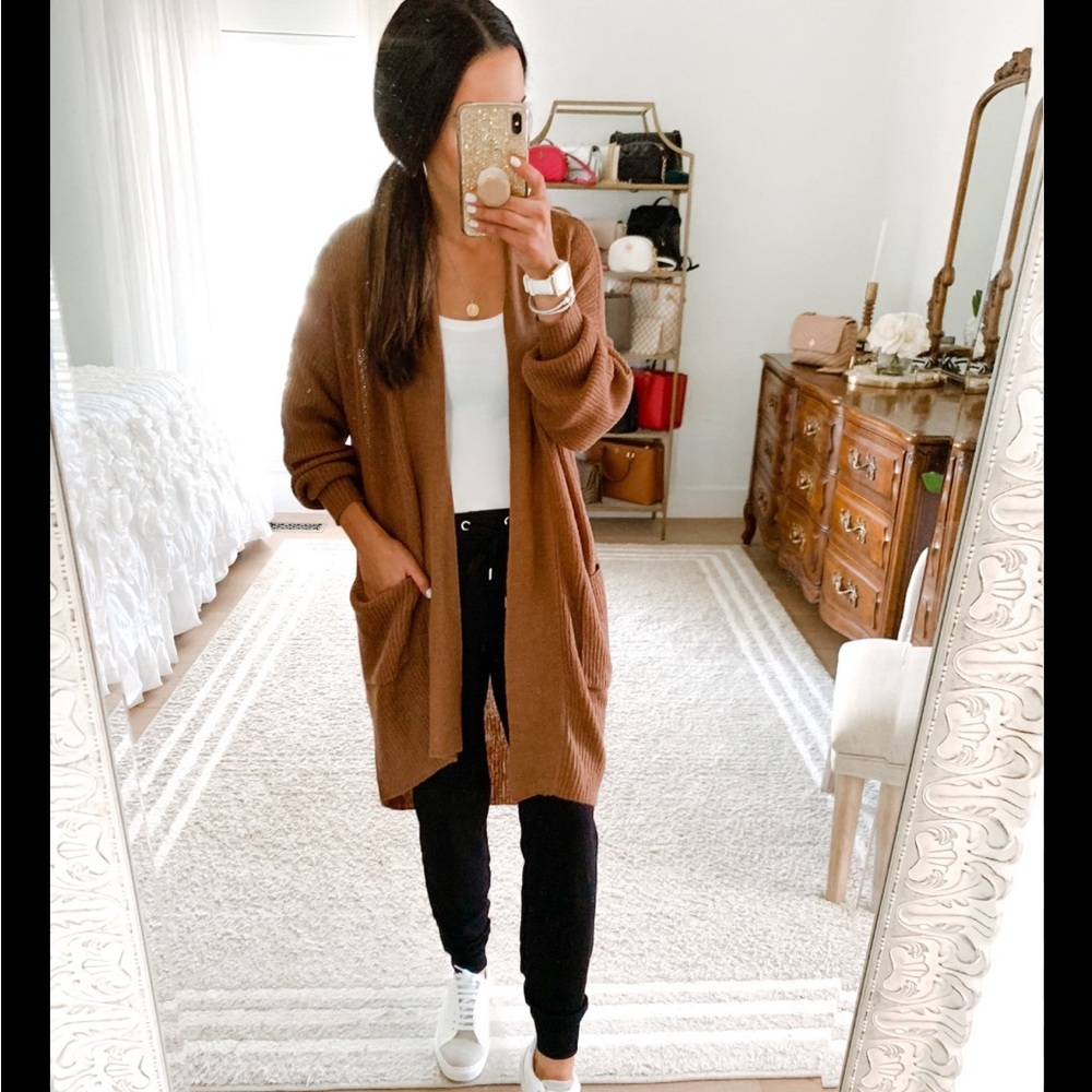 Soma Weekend Brown Cocoon Open Cardigan Sweater Pocket Comfy Size Small Medium
